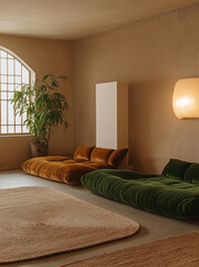 Beige and brown toned living room with a large sofa, windows, plants and carpet