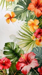 A colorful painting of a tropical forest with a variety of flowers, including hibiscus. The painting has a vibrant and lively mood, with the bright colors of the flowers
