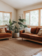 Beige and brown toned living room with a large sofa, windows, plants and carpet