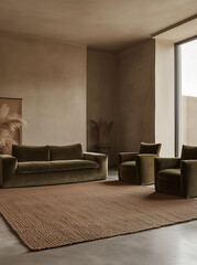 Brown and green living room with large sofa, windows, plants and carpet