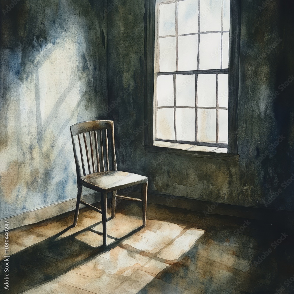 Poster a chair is sitting in front of a window. the chair is empty. the window is open