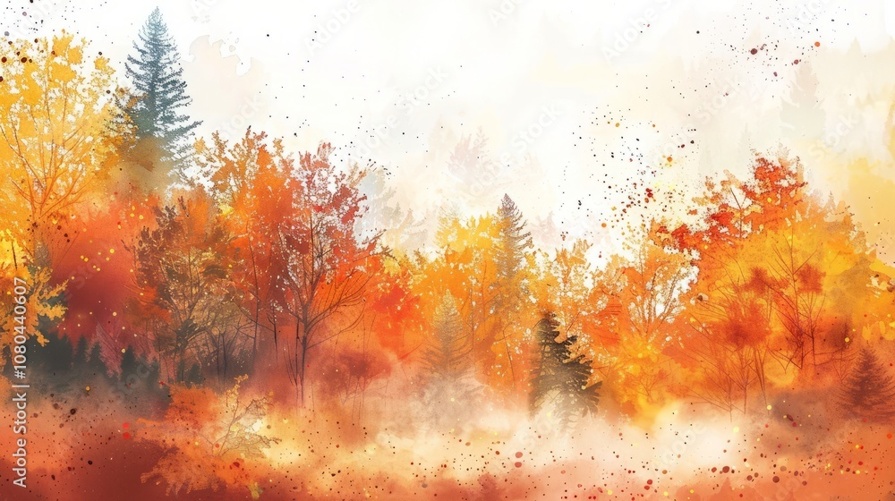 Poster a painting of a forest with trees in autumn colors. the trees are spread out and the sky is cloudy. 