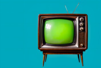 Vintage Television with Green Screen on Blue Background