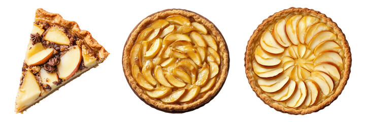 set of Apple pies on transparent background, top view, PNG