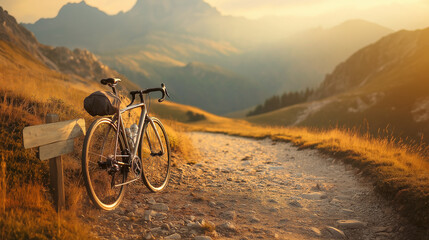 Obraz premium road bike leaning against a mountain trail sign, with rugged terrain and scenic mountain views behind it
