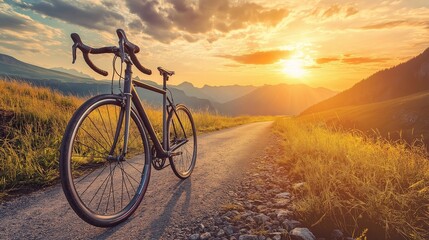 Naklejka premium road bike leaning against a mountain trail sign, with rugged terrain and scenic mountain views behind it