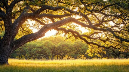 Majestic tree branches silhouetted against a sunlit meadow.
