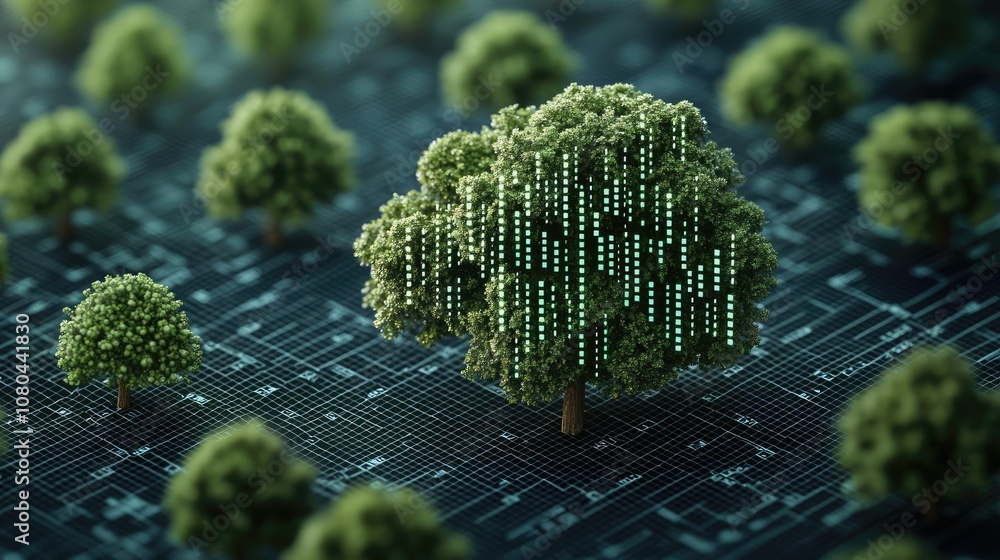 Poster tree with digital binary code overlay on a technology-themed background.