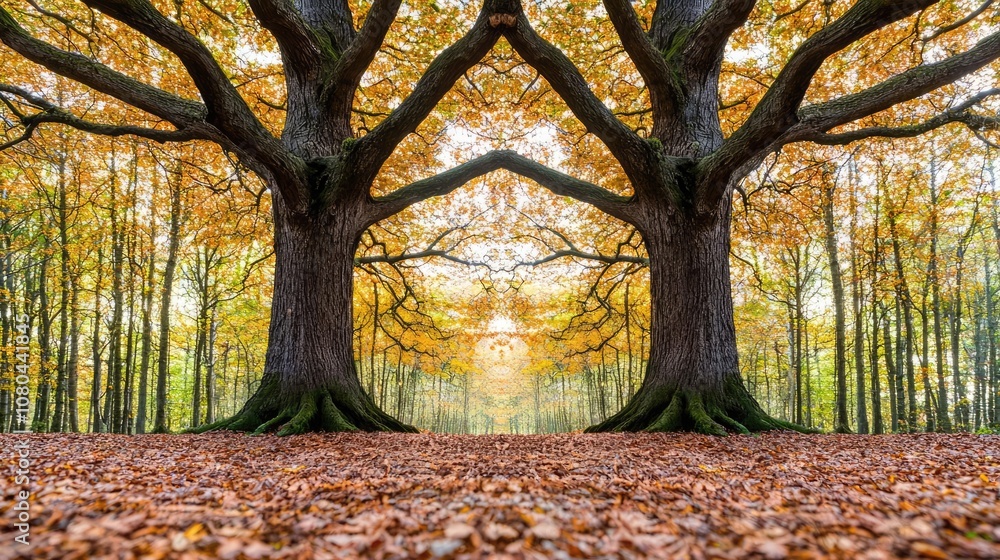 Poster duplicate trees in an autumn forest with colorful leaves and a carpet of fallen leaves.