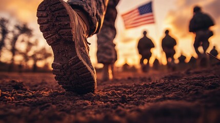 Obraz premium Close-Up of Soldier’s Foot on Dirt with Blurred Soldiers in Background, Sunset Sky and American Flag Waving