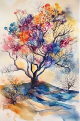 Naklejka premium A painting of a tree with many colors. The tree is on a hill. The painting is on a white background