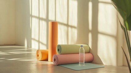set of colorful yoga mats neatly rolled up beside a water bottle and yoga block