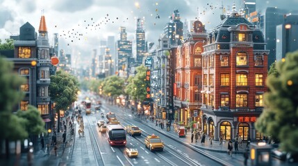 Urban scene with modern buildings, traffic, and pedestrians.
