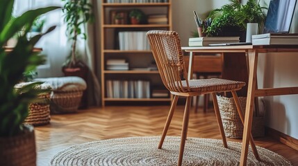 Fototapeta premium Cozy workspace with a wooden desk, chair, and plants.