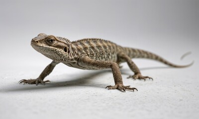 Obraz premium Detailed macro photograph of young iguana against white background. Sharp focus captures intricate scales, claws and facial features