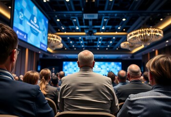 Fototapeta premium Conference Audience Business Meeting Seminar Presentation Large Screen Attendees
