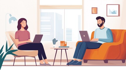 smilling couple booking flight tickets online in a living room