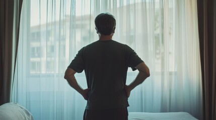 Middle-aged man holding his lower back, standing in front of a bed and window with white curtains, natural light, home atmosphere