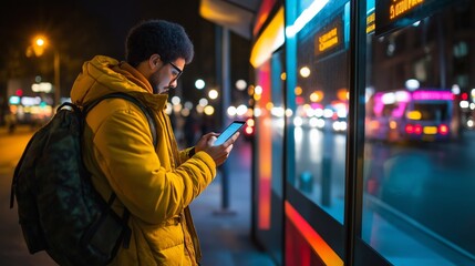 Obraz premium backpacker checking a bus schedule on their smartphone near a colorful city bus stop, with bright urban lighting and busy streets in the background