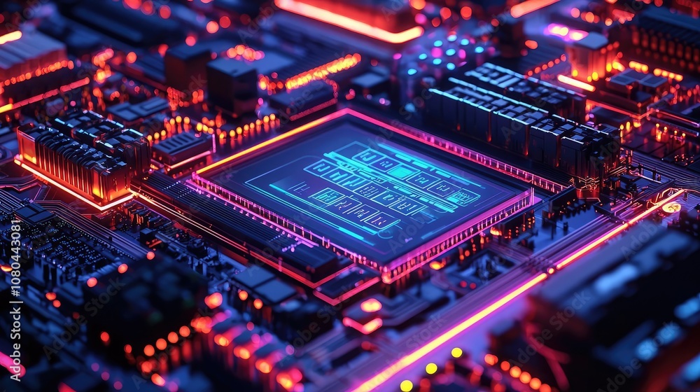 Poster futuristic microchip with glowing circuitry on a dark background.
