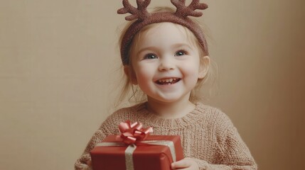 Excited child with reindeer headband holding a gift, minimal background with soft lighting,