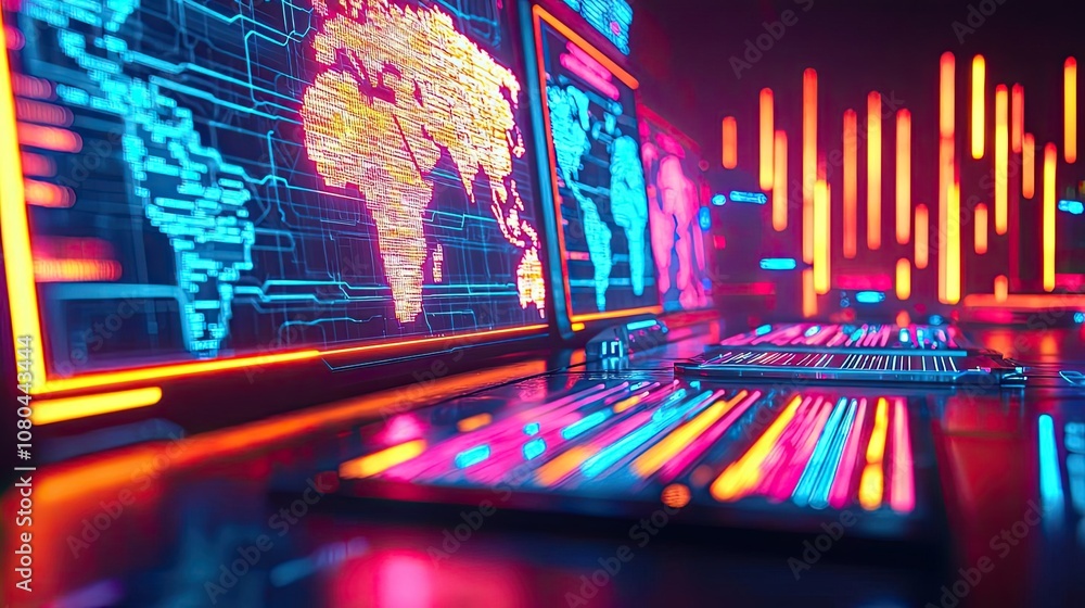 Aufkleber futuristic technology setup with vibrant screens and data visualization elements.