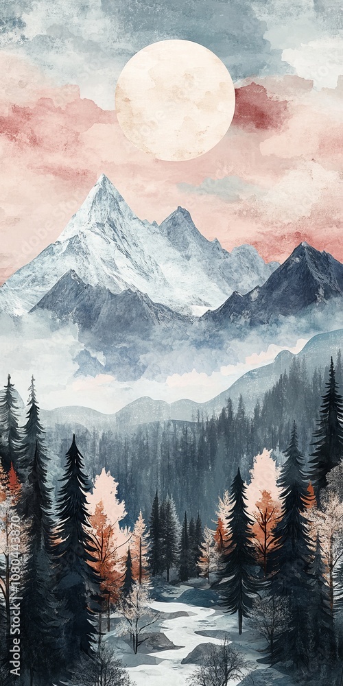 Poster a painting of a mountain range with a large moon in the sky. the painting has a serene and peaceful 