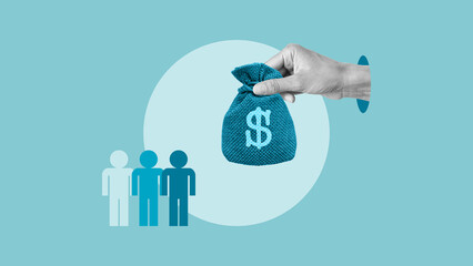 The hand giving dollar money bag to group of people as preferential loans for entrepreneurs and businesses. Social support, grants, assistance or allocation of budget money for social projects