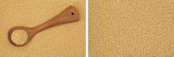 Amaranth grain seeds in wooden spoon as a background. Top view. Flat lay