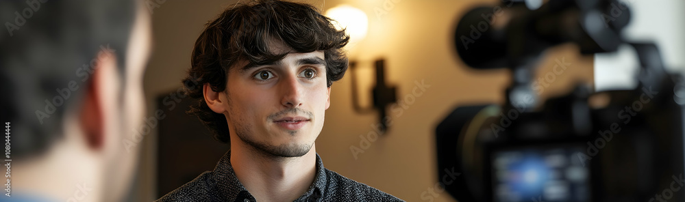 Poster man being interviewed on camera with a friendly demeanor, engaging with the audience -
