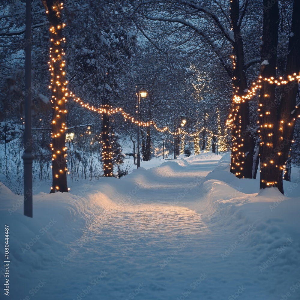 Poster a serene winter scene featuring a snow-covered path lined with trees adorned with glowing lights, cr