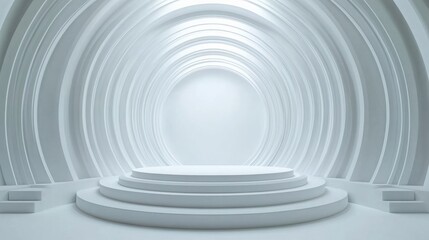 Obraz premium Podium highlight marketing, Minimalist white stage with circular arches for presentations.