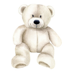 Sitting soft stuffed teddy bear. Hand drawn watercolor illustration of plush babe toy on isolated background. Cute animal in pastel color for baby shower invitations or happy birthday greeting cards.