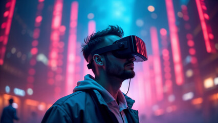 Obraz premium Man in virtual reality glasses against a background of multi-colored bokeh