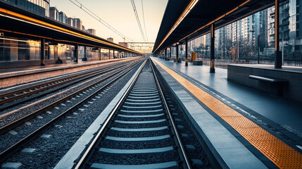 Empty modern train station platform with multiple railway tracks and overhead cables at dawn, flanked by urban high-rise buildings.