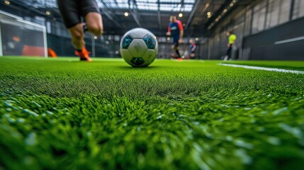 close-up of a soccer cleat kicking a ball on a grassy field