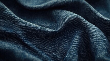 Close-up of dark blue denim fabric, showcasing its rich texture and subtle weave.