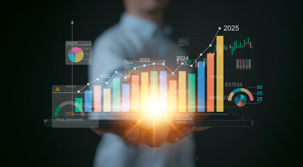 businessman trading in stock market exchange on virtual screen in office workplace signing investment documents and money management with trading chart financial planning for saving and passive income