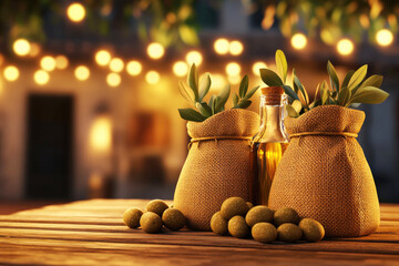 Two rustic sacks with olives and olive oil bottles on wooden table in cozy evening lighting, representing Mediterranean culture..