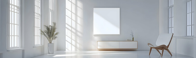 Minimalist interior with mockup frame, sideboard, and chair in a bright, white room  -