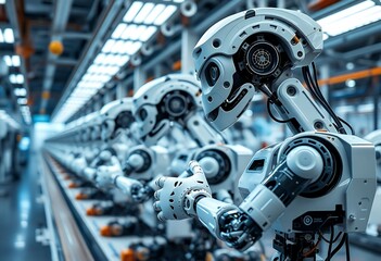 Fototapeta premium Automated Robotic Assembly Line Industrial Robots in Modern Factory