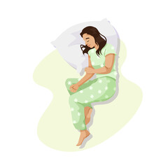 A woman peacefully sleeping in green pajamas on a soft pillow. Vector illustration