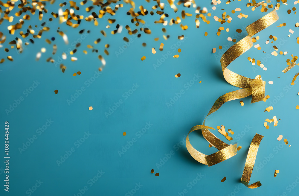 Poster close up on group of gold color of rolling ribbon and confetti on teal background with copy space fo