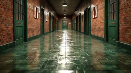 A long corridor with brick walls and green doors, reflecting light.