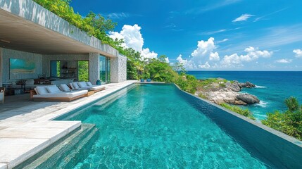 Fototapeta premium Luxurious villa with infinity pool overlooking the ocean.
