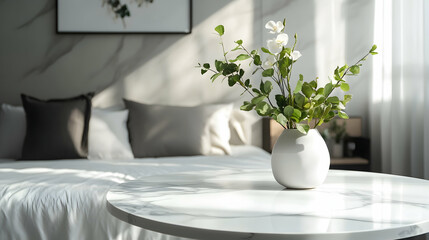 Modern Bedroom Interior a?" Marble table top near a white bed, showcasing contemporary bedroom decor -