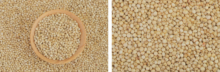 background of sorghum seeds with wooden bowl. Top view. Flat lay.