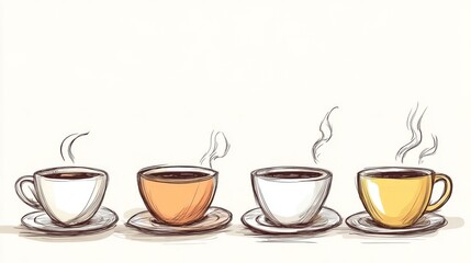A collection of steaming coffee cups in different styles, ideal for illustrating coffee culture and beverage themes.