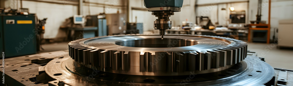 Poster modern cnc milling machine making a large cogwheel in a machining workshop -