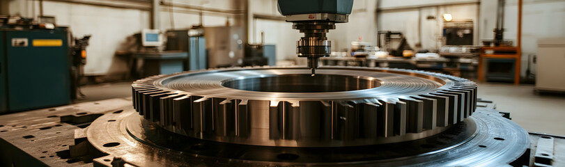 Fototapeta premium Modern CNC milling machine making a large cogwheel in a machining workshop -